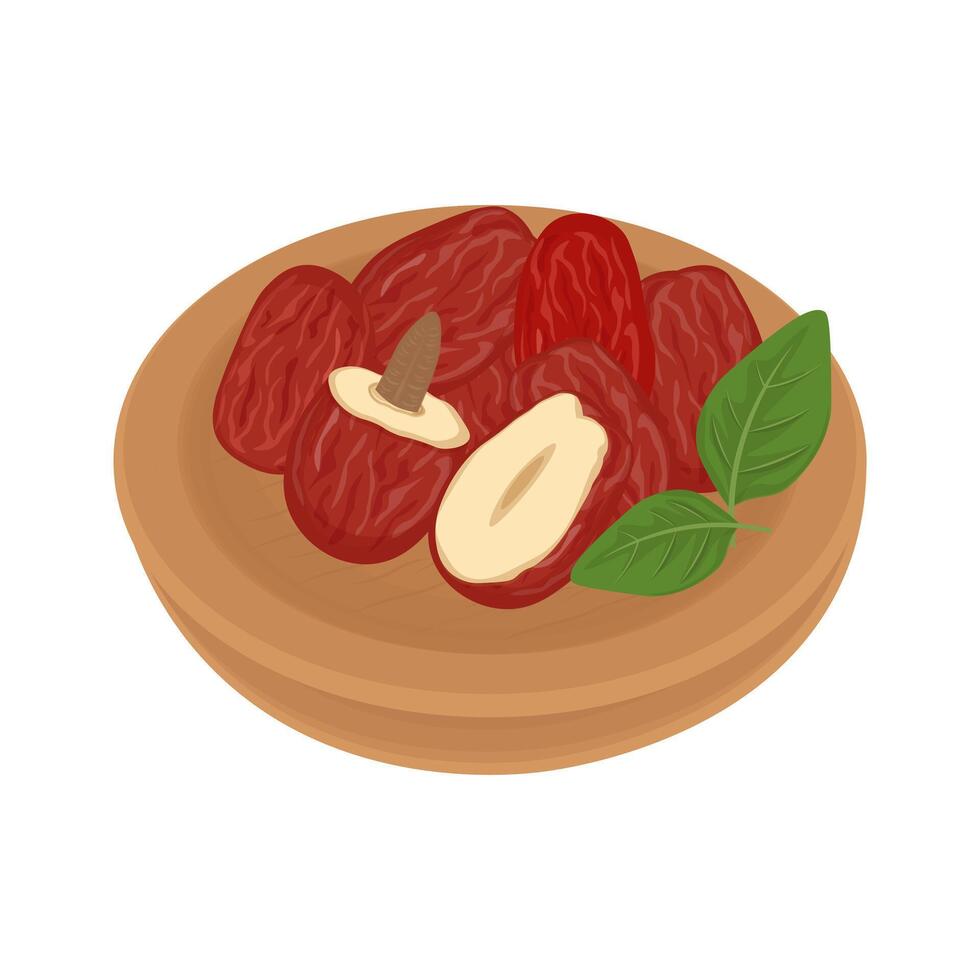 Illustration logo Clip art dried red dates or jujube on a wooden bowl vector