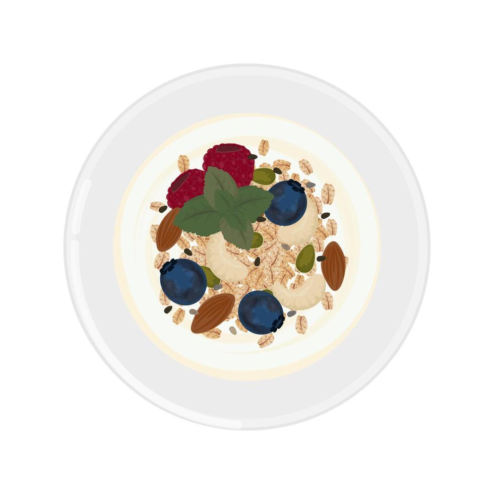 Illustration logo Clip art Top View Muesli with milk and berries vector