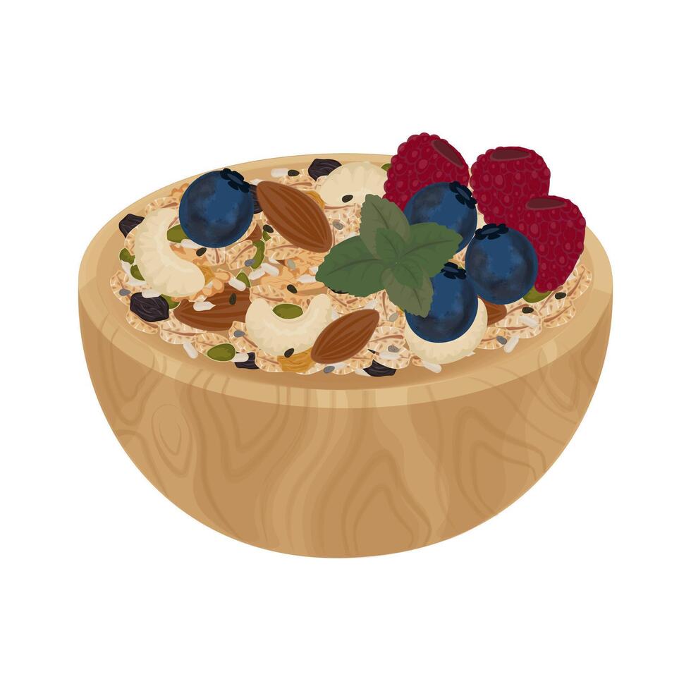 Illustration logo Clip art Muesli granola with berries on a wooden bowl vector