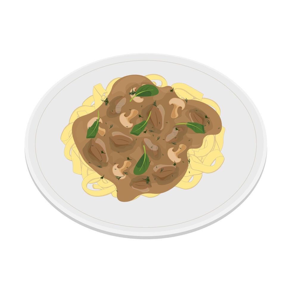 Illustration logo Clip art Beef Stroganoff With mushrooms and pasta vector
