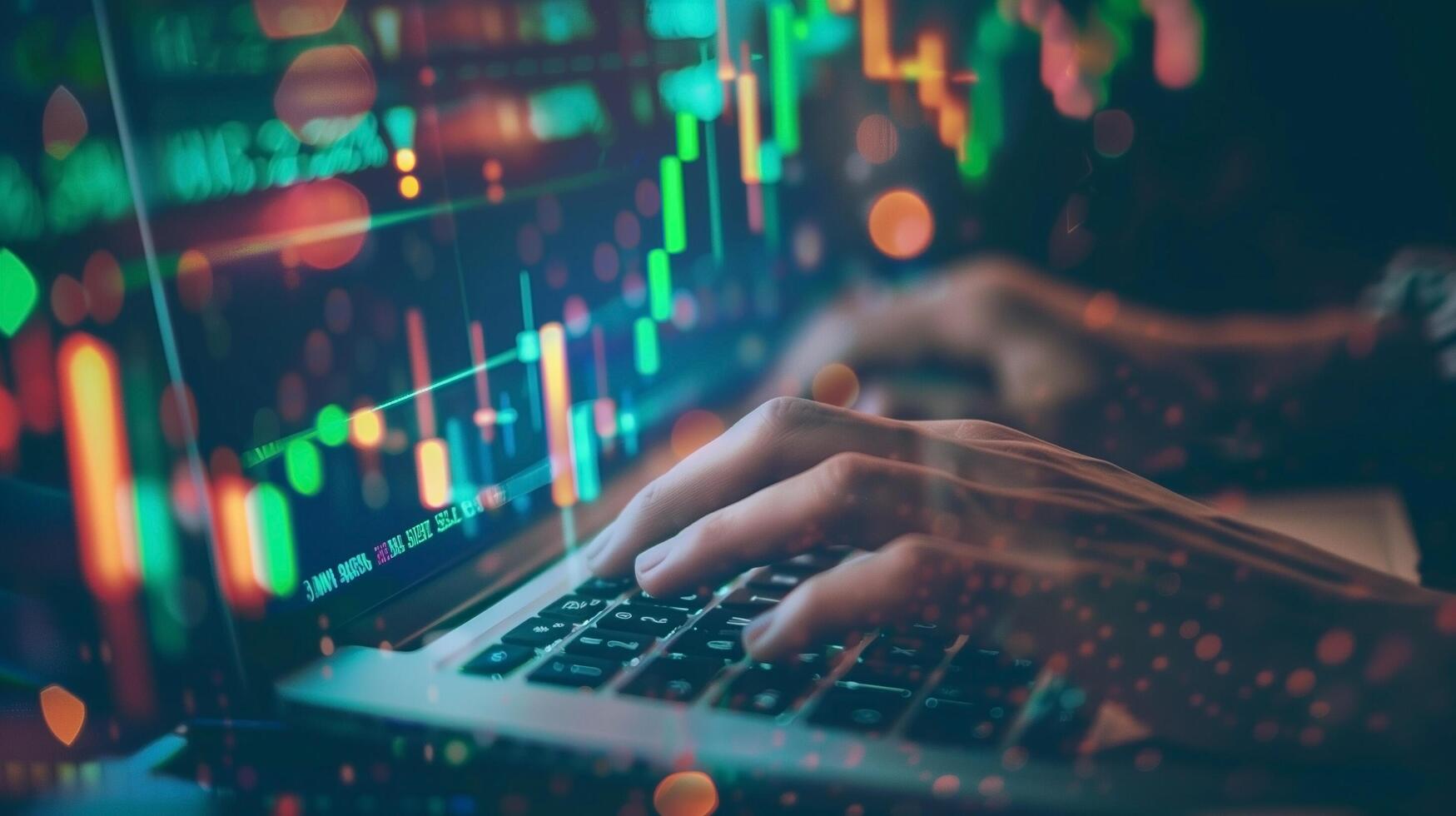 A financial analyst works with real-time stock data on a multi-monitor computer. photo