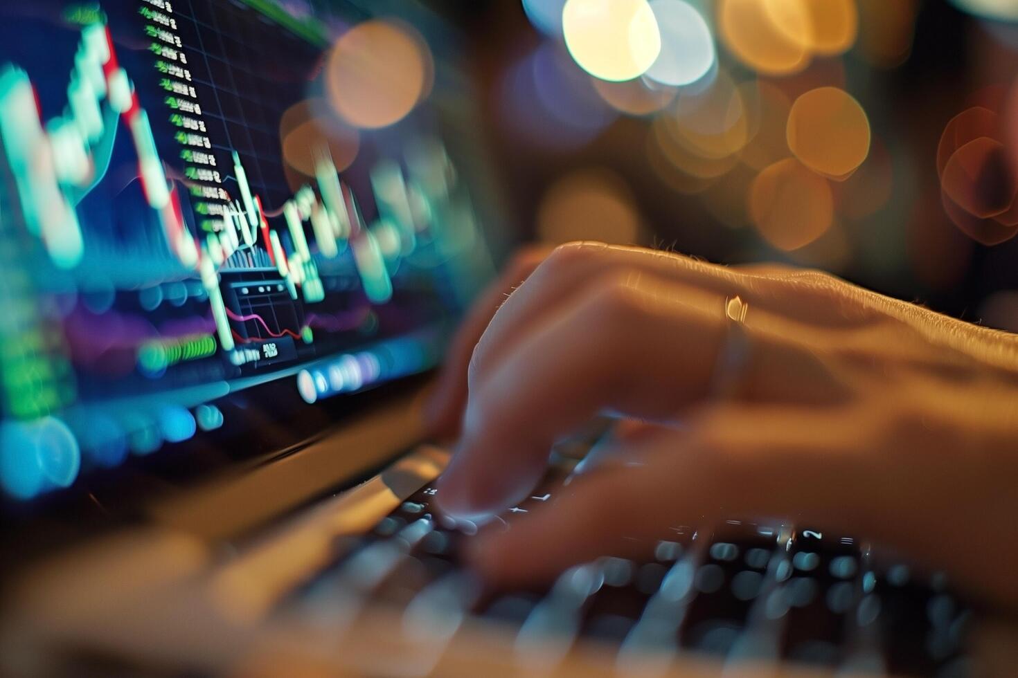 A financial analyst works with real-time stock data on a multi-monitor computer. photo