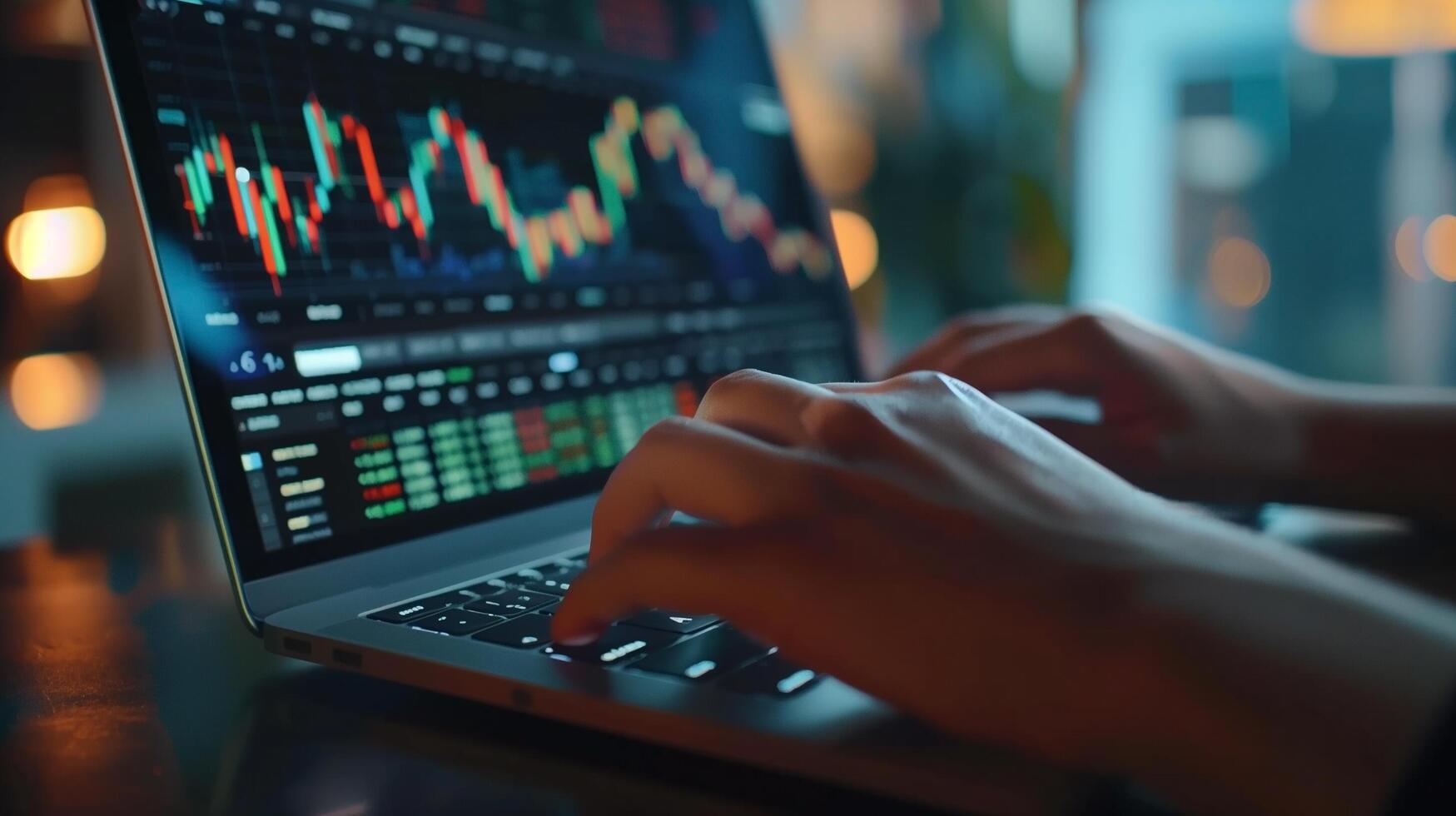 A financial analyst works with real-time stock data on a multi-monitor computer. photo