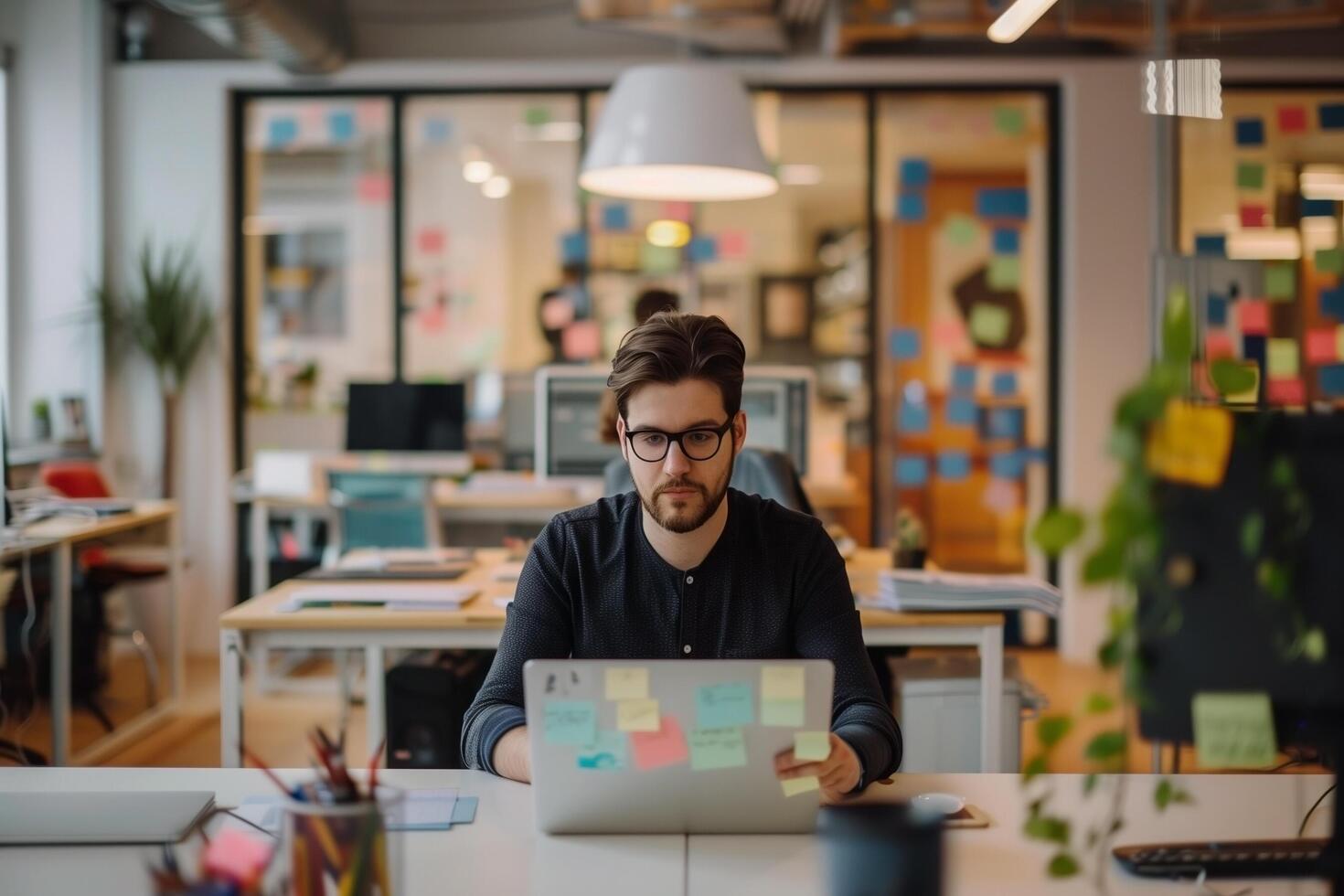 Employees are plotting their next course of action while seated in an office. photo