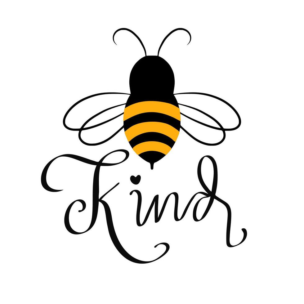 Hand lettering of bee kind phrase with bee design illustration for apparel and t shirt vector