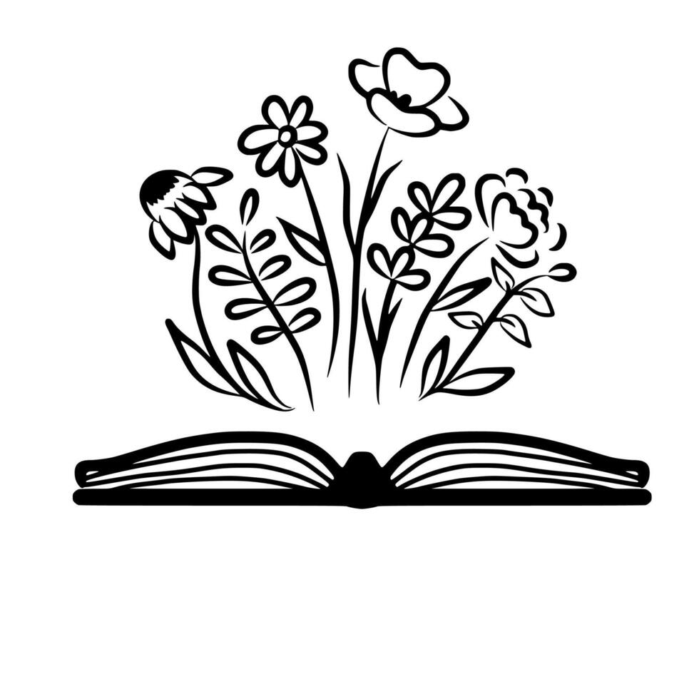 Open book flower clipart, book with wildflowers of daisy, poppy, peony, lavender and cone flower, graphic illustration vector