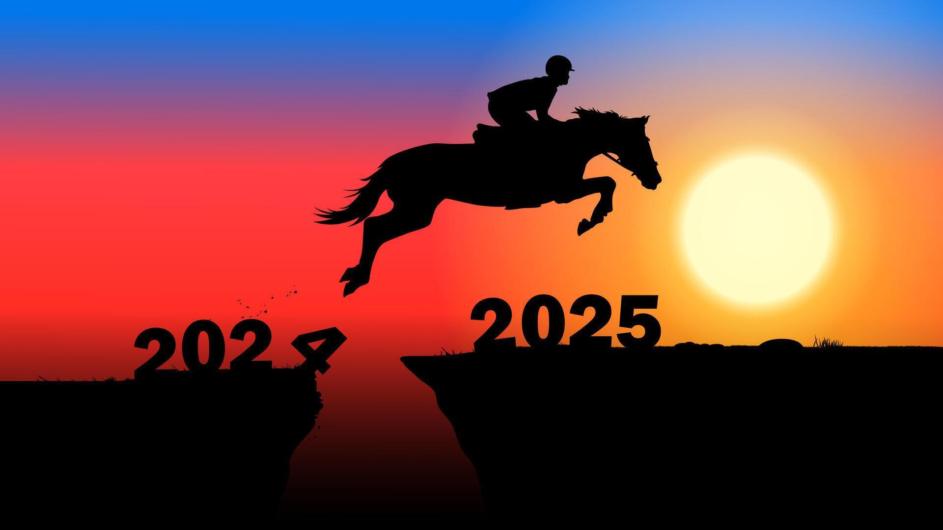 silhouette horse jumping concept new year 2024 to 2025 new year with sunrise background 46480347