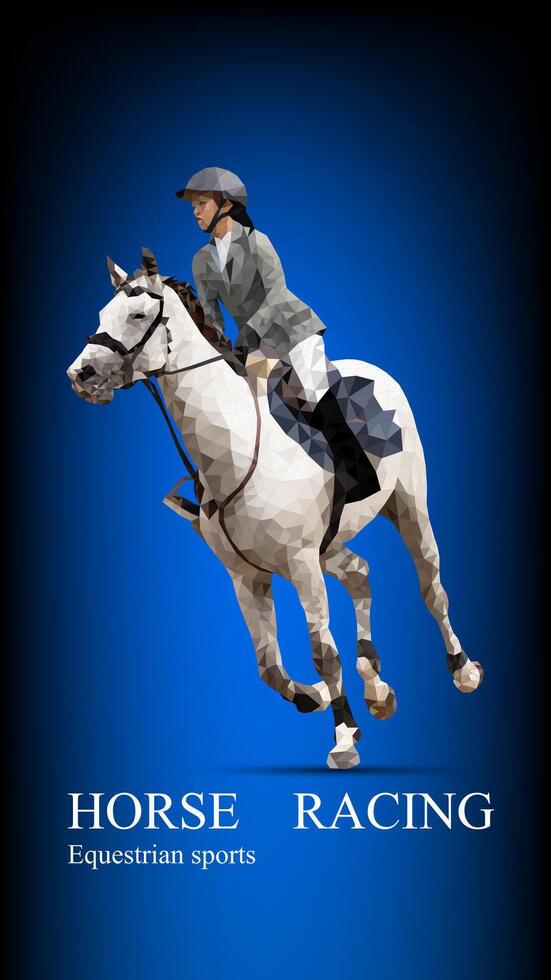 Graphics design drawing polygon style horse racing woman for the race with blue gradient background vector