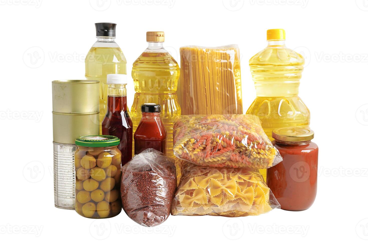 Foodstuffs in donation box isolated on white background with clipping path for volunteer to help people. photo