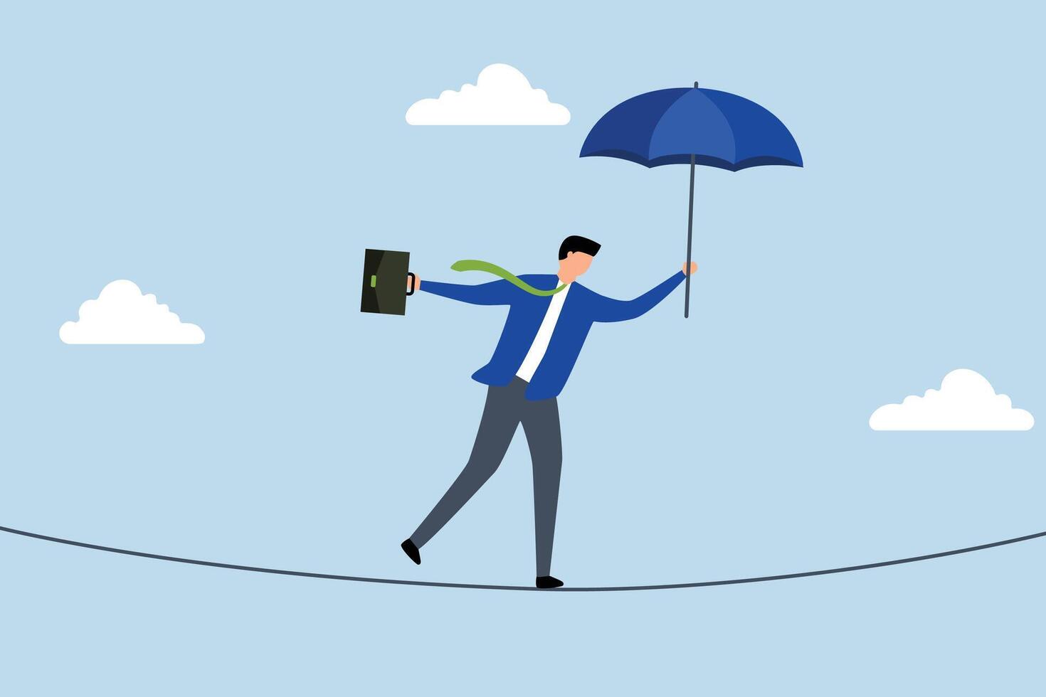 Business risk protection, brave businessman balanced walk on high rope. vector