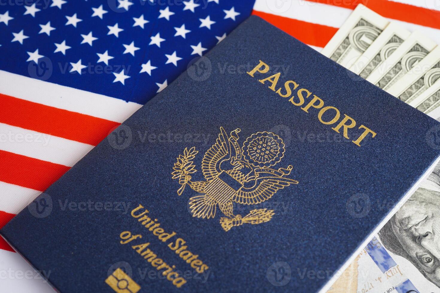 US passport with USA dollar money, American citizen in United States of America. photo