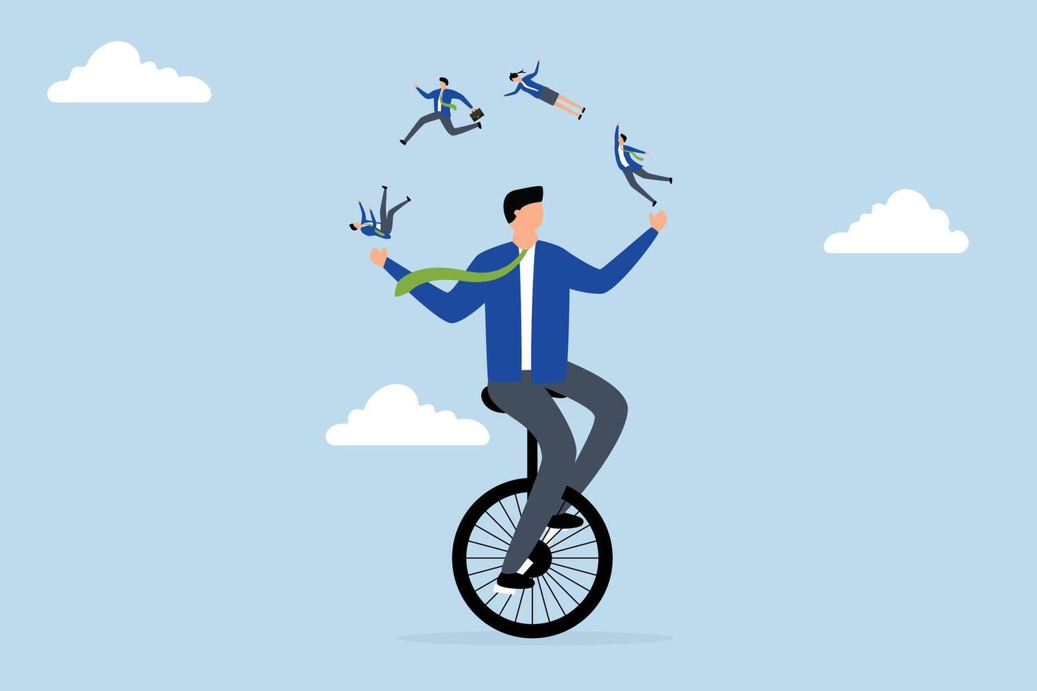 People management or HR, businessman manager riding Unicycle balance, juggling team members diversify people. vector