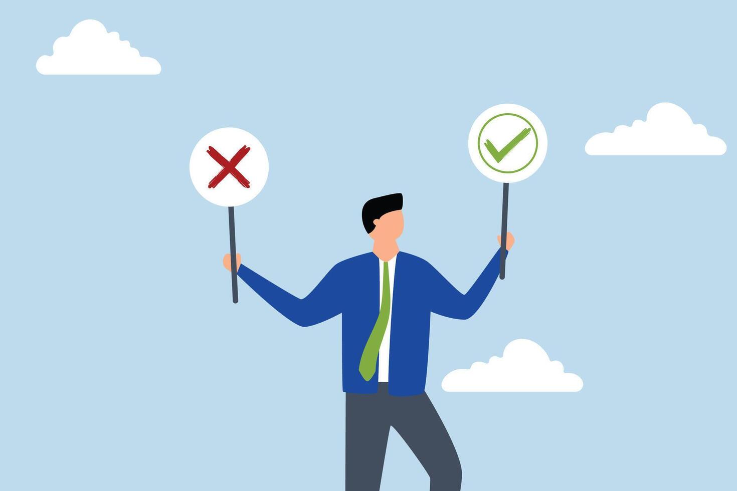 Business decision right or wrong, thoughtful businessman holds right or wrong left and right hand when making decision. vector