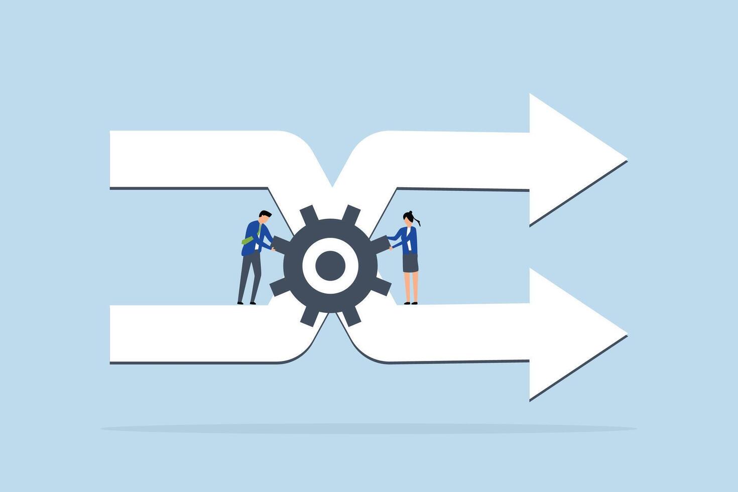 Change management, businessman staff team helps turn gear to control arrows of change of direction. vector