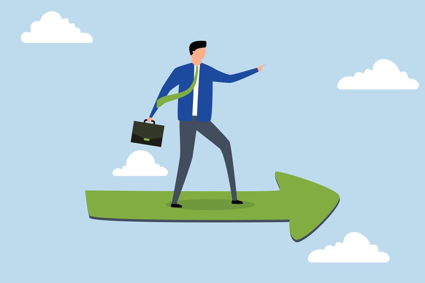 Business moving forward to achieve success, businessman driving high in sky with green up arrow diagram indicating a future goal. vector