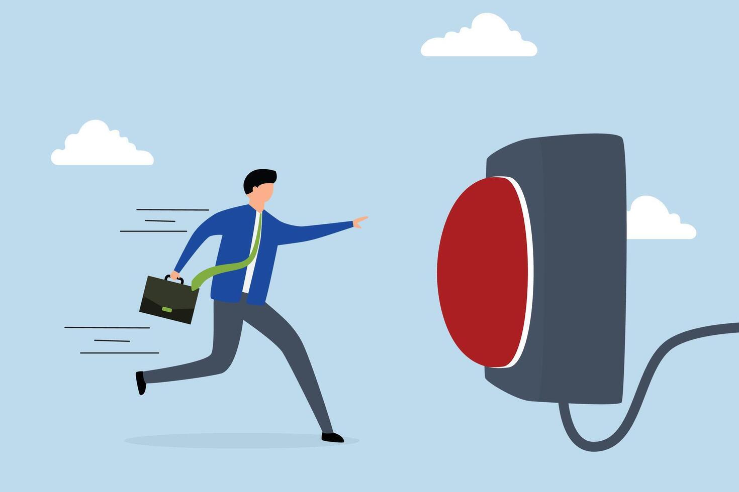 Push button call for emergency help, cautious businessman rushing to press the red emergency button. vector
