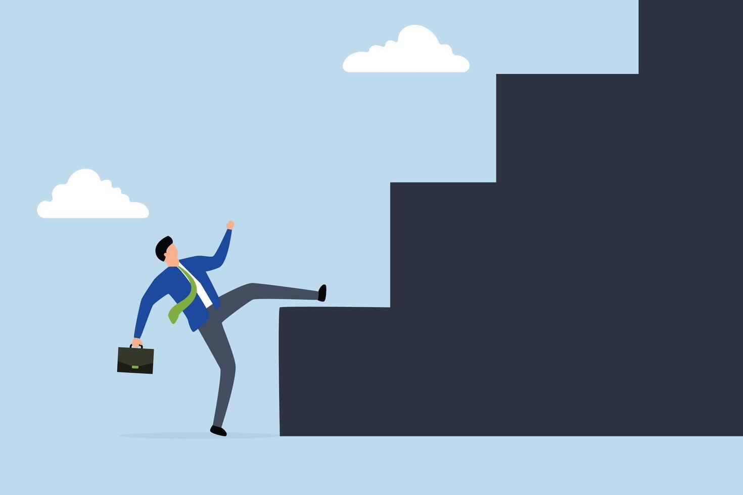 businessman trying hard with full effort to climb up big step stairway. vector