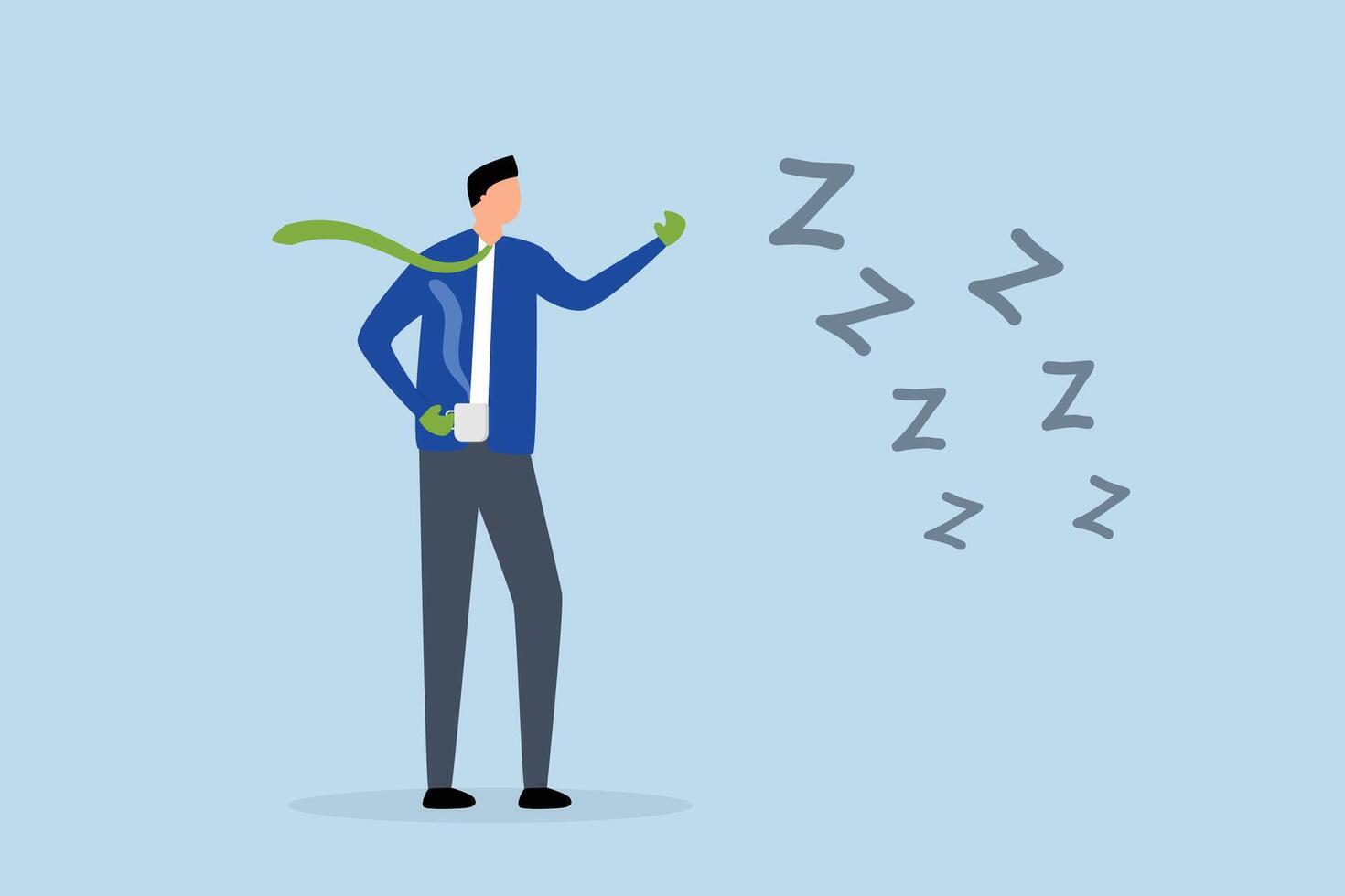 Procrastination and laziness, awake businessman drinking coffee and wearing boxing gloves to fight lazy sleepy symbol. vector