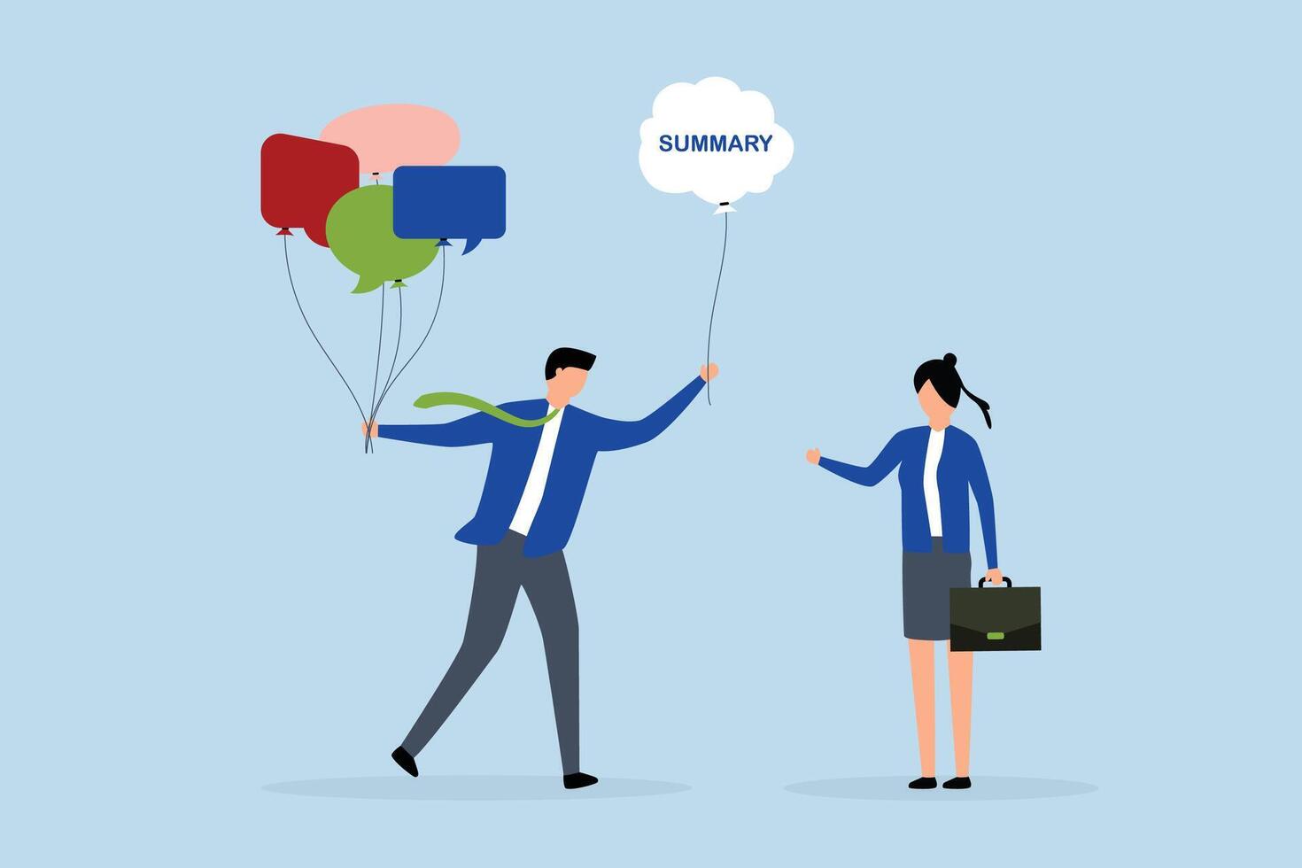 Meeting summary, businessman holds group of speech bubbles as members' opinions and offers a summary after meeting. vector
