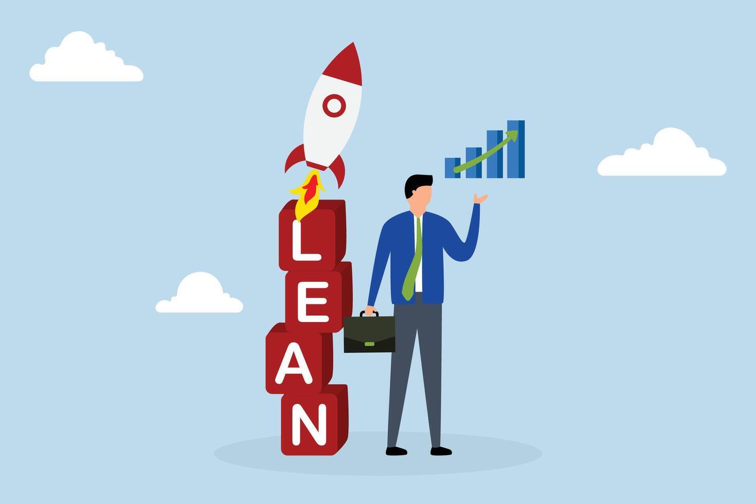 businessman shows growth chart leaning on stack of boxes with words LEAN on it and completed rocket ship. vector