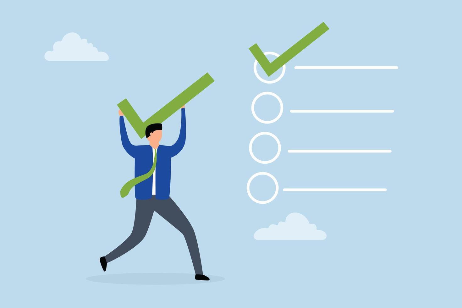 Checklist for completed tasks, businessman who carries big tick put completed project on the right track. vector