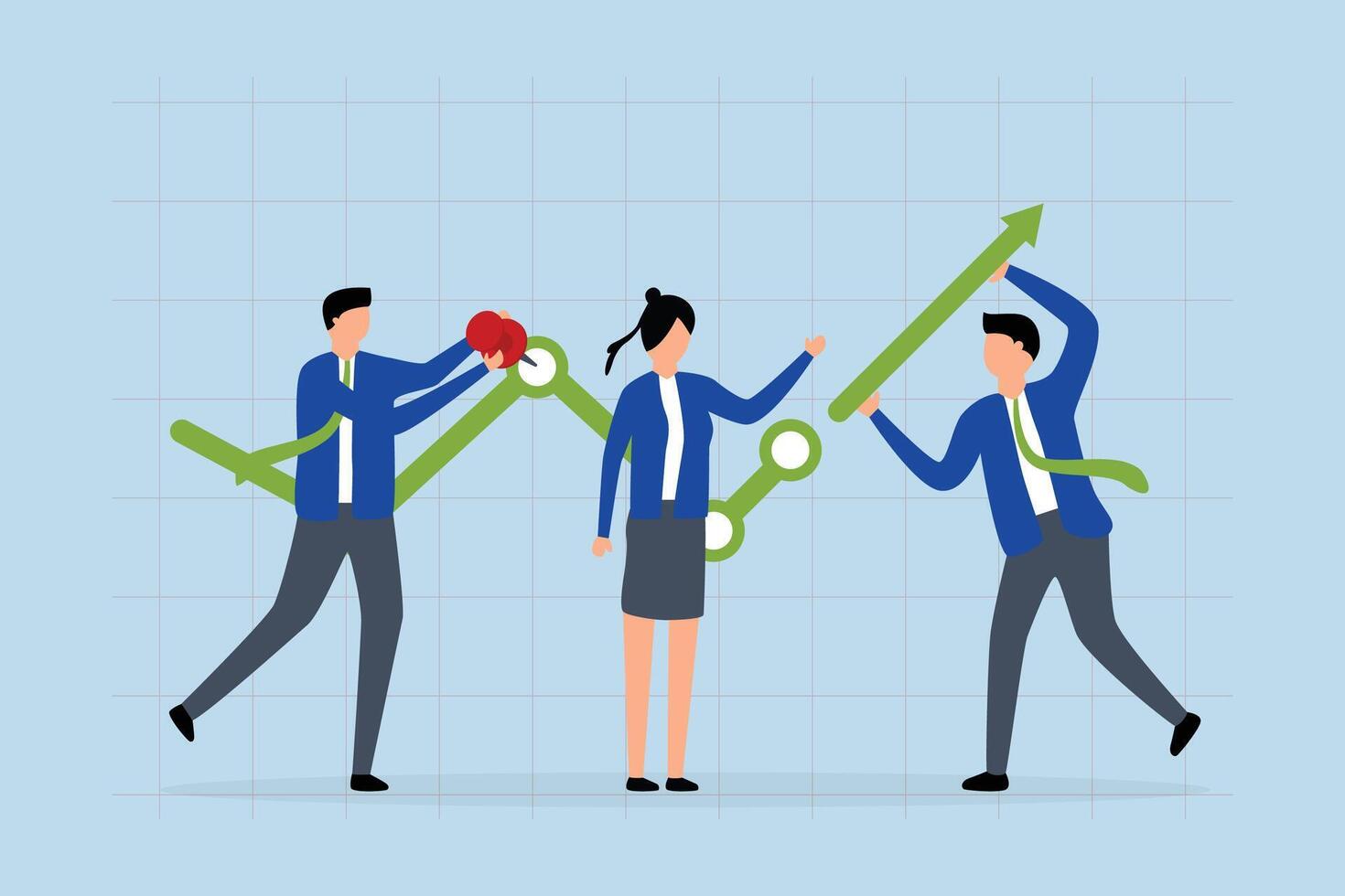Business development process, businessman help to develop a business growth chart with upward arrow. vector
