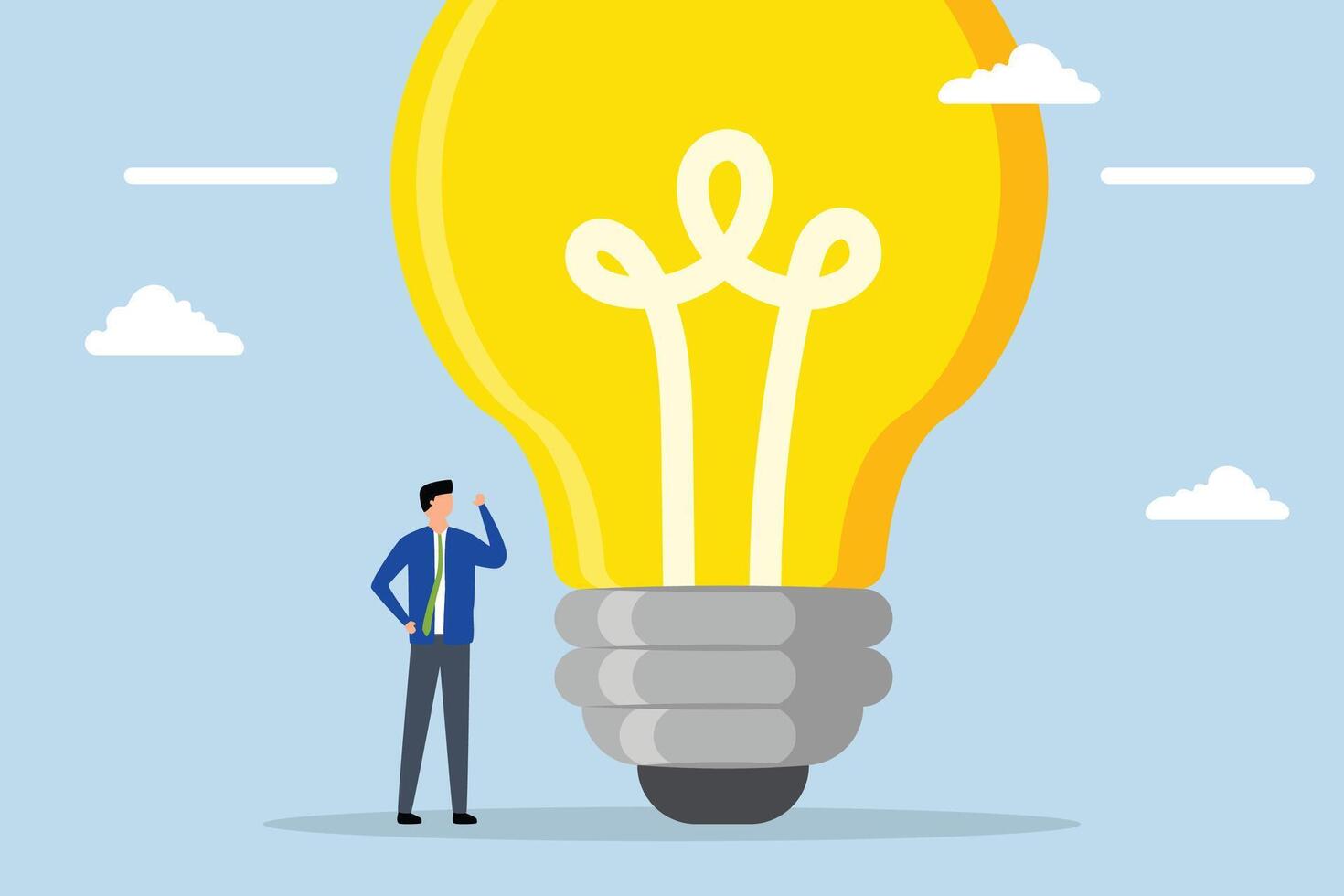 Think big, businessman entrepreneur who thinks with big oversized idea bulb. vector