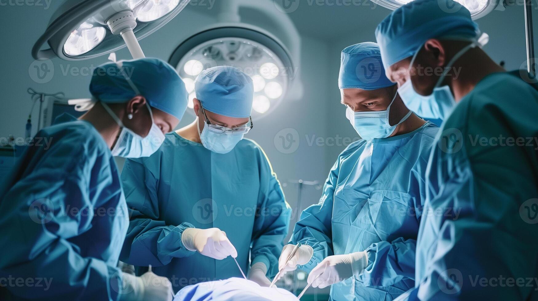 Doctor team performing operating on patient in operating room of surgical department at hospital. photo