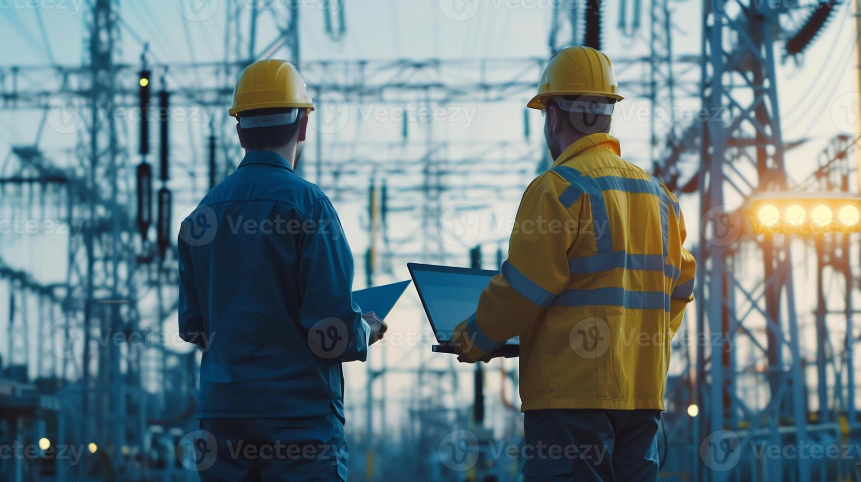 Engineer working check system of power distribution electric station. photo