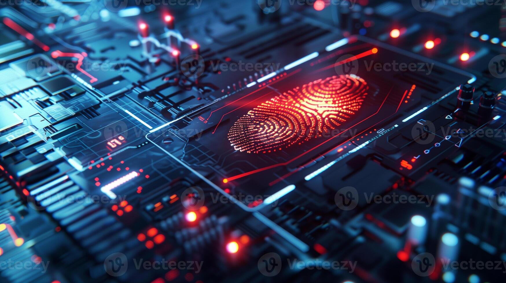 Fingerprint biometric identity digital and gold key lock approval scan, internet security network. photo