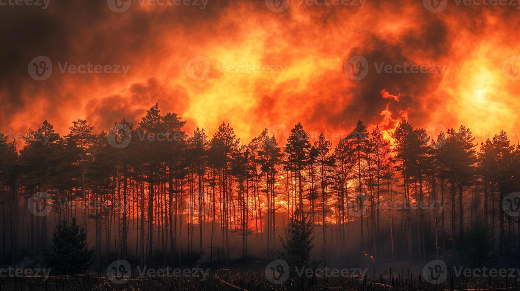 Wildfire or forest fire, bushfire uncontrolled fire that burns in wild land vegetation. photo