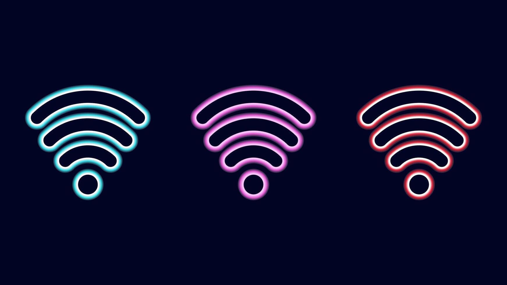 WiFi symbols neon effect dark background. Waves Wi Fi signal icon. Internet connection modern technology. Pink blue and red. Design web page billboard banner. illustration. vector