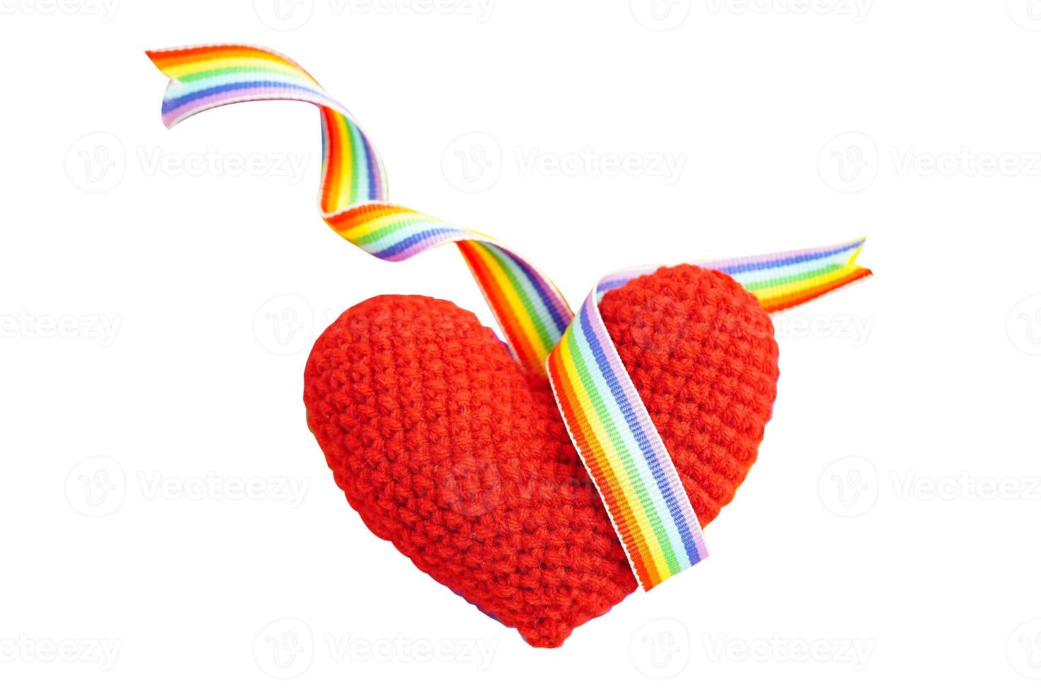 Red heart with rainbow color ribbon flag isolated on white background with clipping path, LGBT symbol. photo