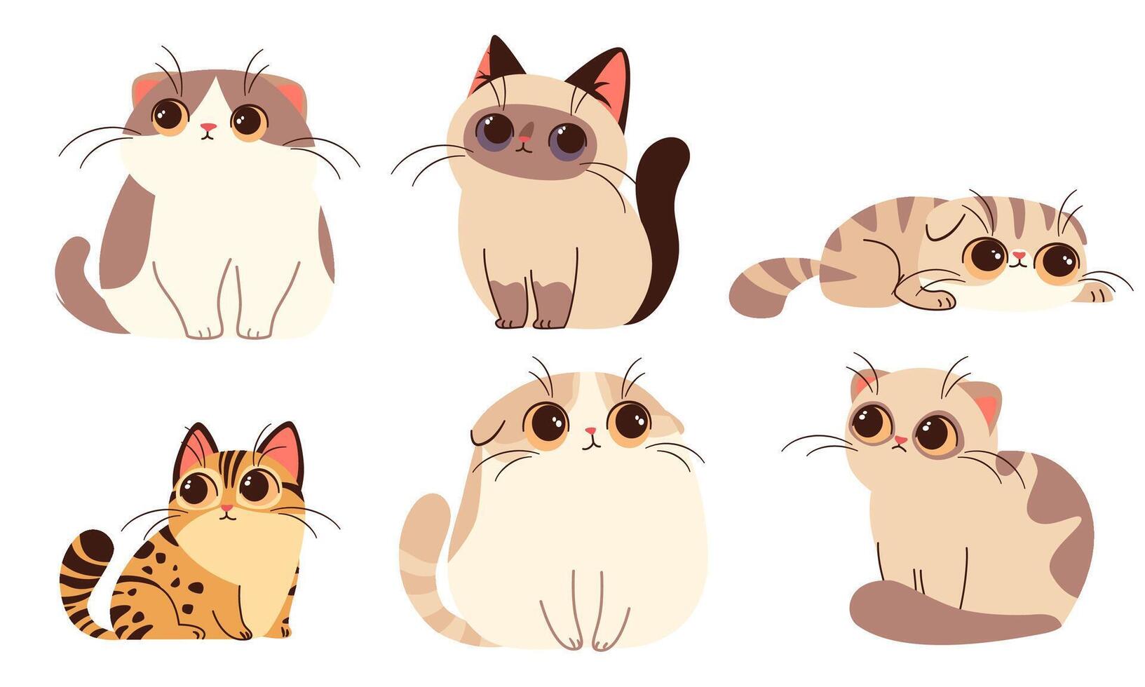 Set of illustrations in cartoon style. Super Cute cats with big eyes on white background vector