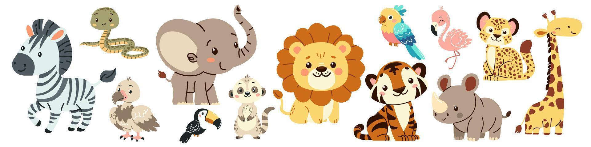Set of flat illustrations in children's style of savannah animals. Cute rhinoceros lemur lion flamingo toucan vulture vulture snake zebra parrot tiger giraffe leopard cheetah vector