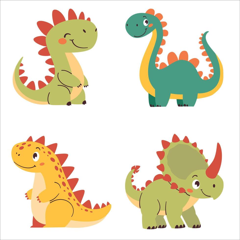 Set of illustrations in cartoon style. Super Cute dinosaurs on white background vector