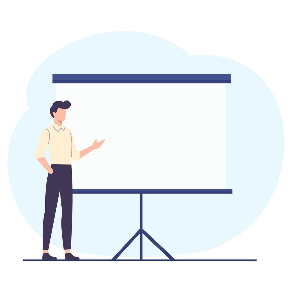 Flat illustration. A man in a strict suit is standing in front of a banner, holding a tablet and saying something, pointing with a finger vector