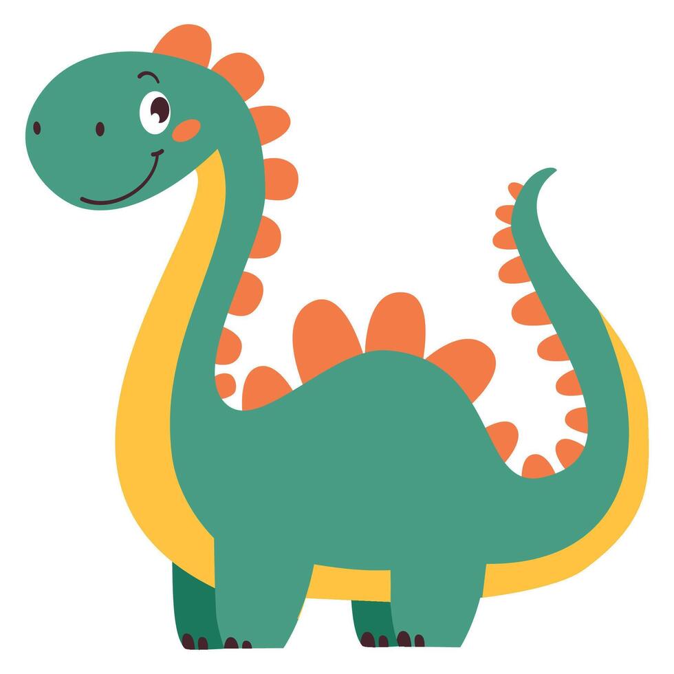 Cute green dinosaur in simple child style on white background, flat illustration vector
