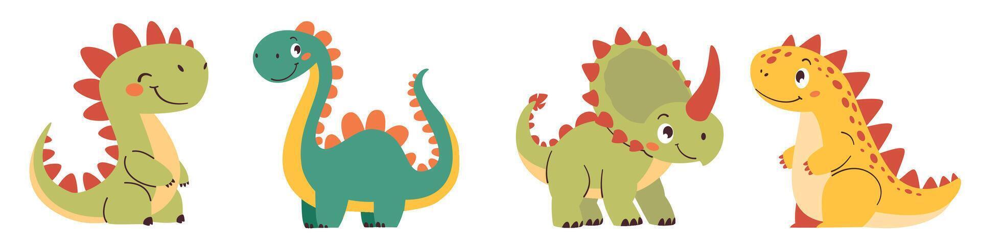 Set of illustrations in cartoon style. Super Cute dinosaurs on white background vector