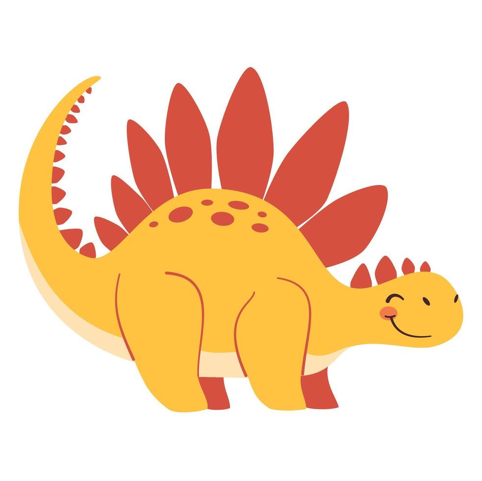 Cute yellow dinosaur in simple child style on white background, flat illustration vector