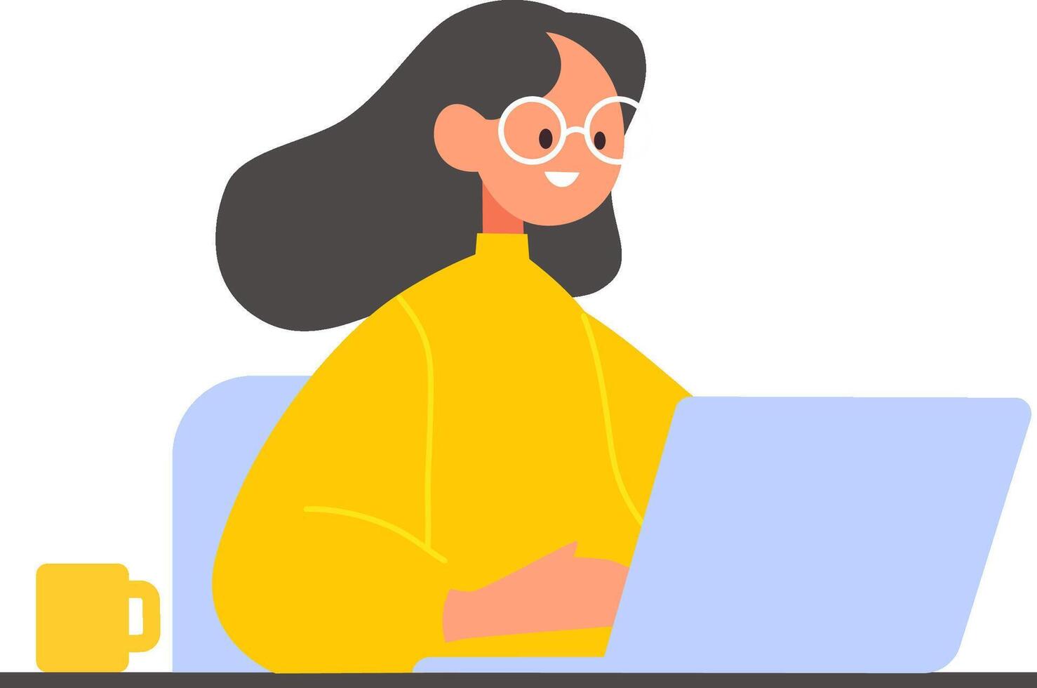 Flat illustration. Girl working at a laptop. Work from home concept vector