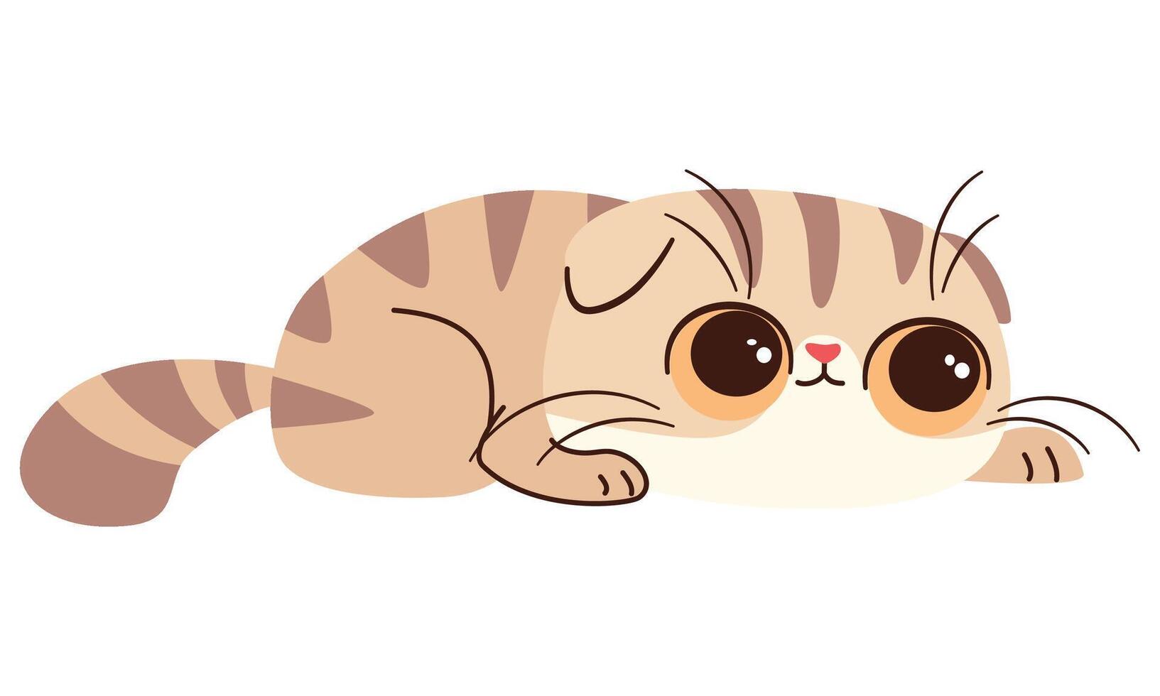 Flat illustration in children's style on white background. Cute kitten with big eyes is hunting vector