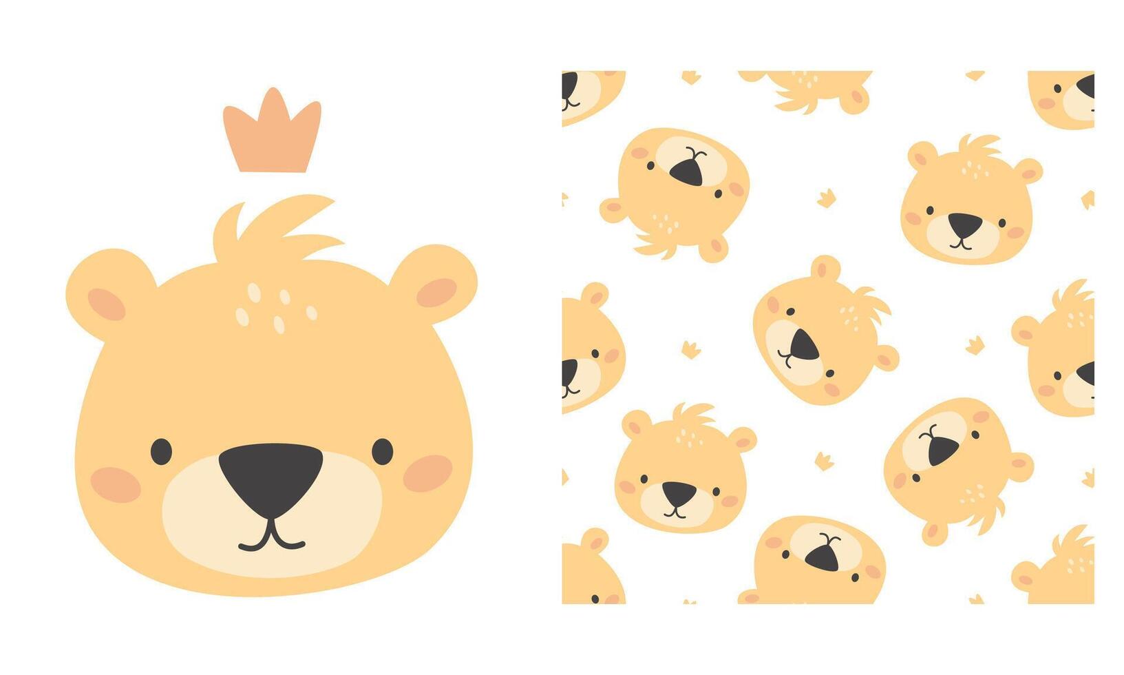 set for printing on children's products. Cute bear face with crown. Seamless pattern on white background vector