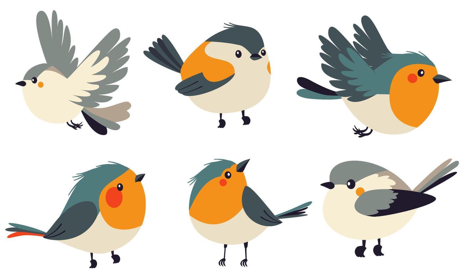 A set of flat illustrations in children's style. Cute birds sitting and flying vector