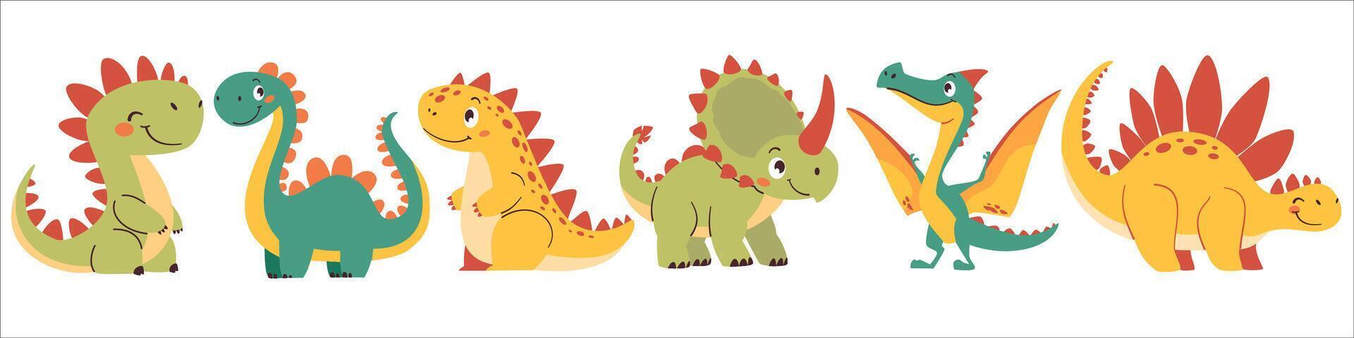 Set of illustrations in cartoon style. Super Cute dinosaurs on white background vector