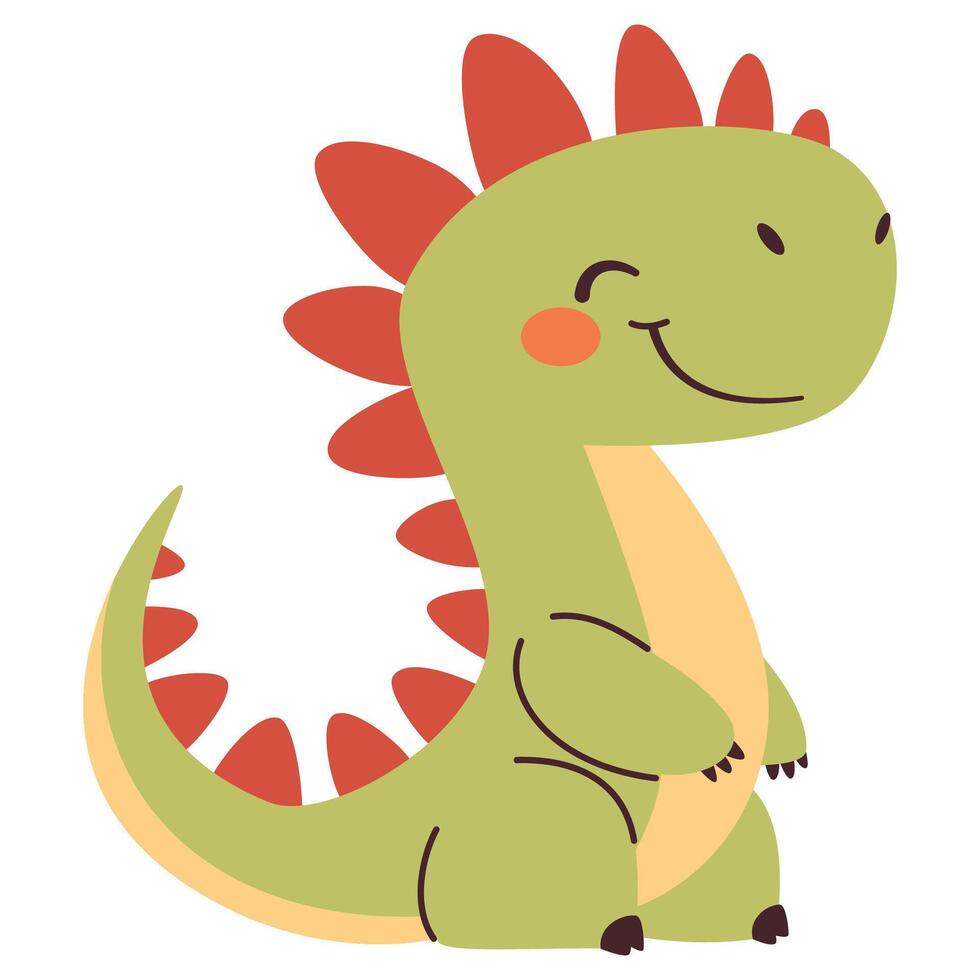 Cute green dinosaur in simple child style on white background, flat illustration vector