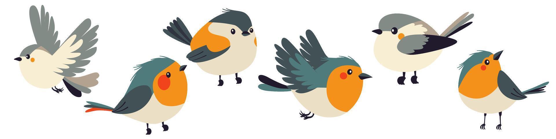 A set of flat illustrations in children's style. Cute birds sitting and flying vector