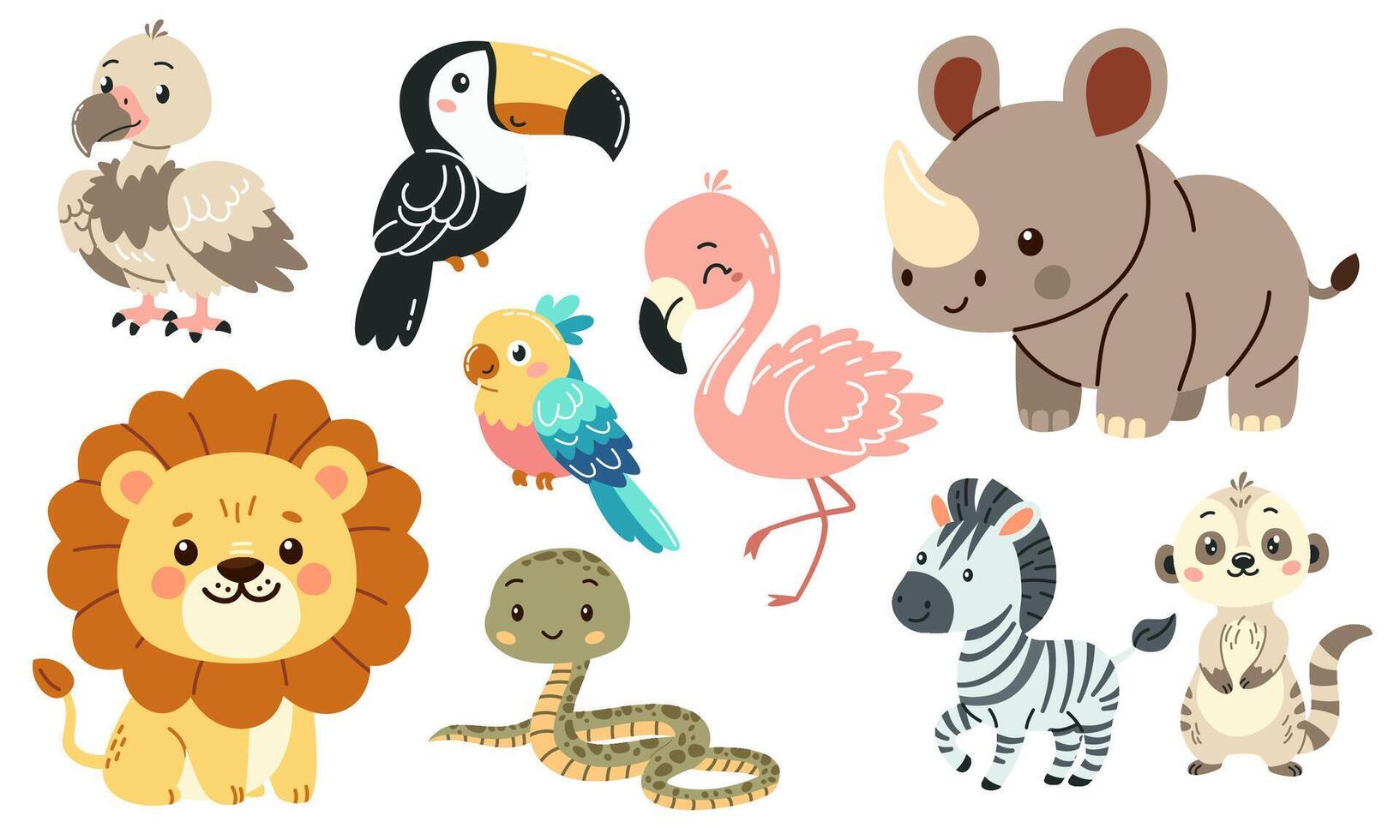 Set of flat illustrations in children's style of savannah animals. Cute rhinoceros lemur lion flamingo toucan vulture vulture snake zebra parrot vector