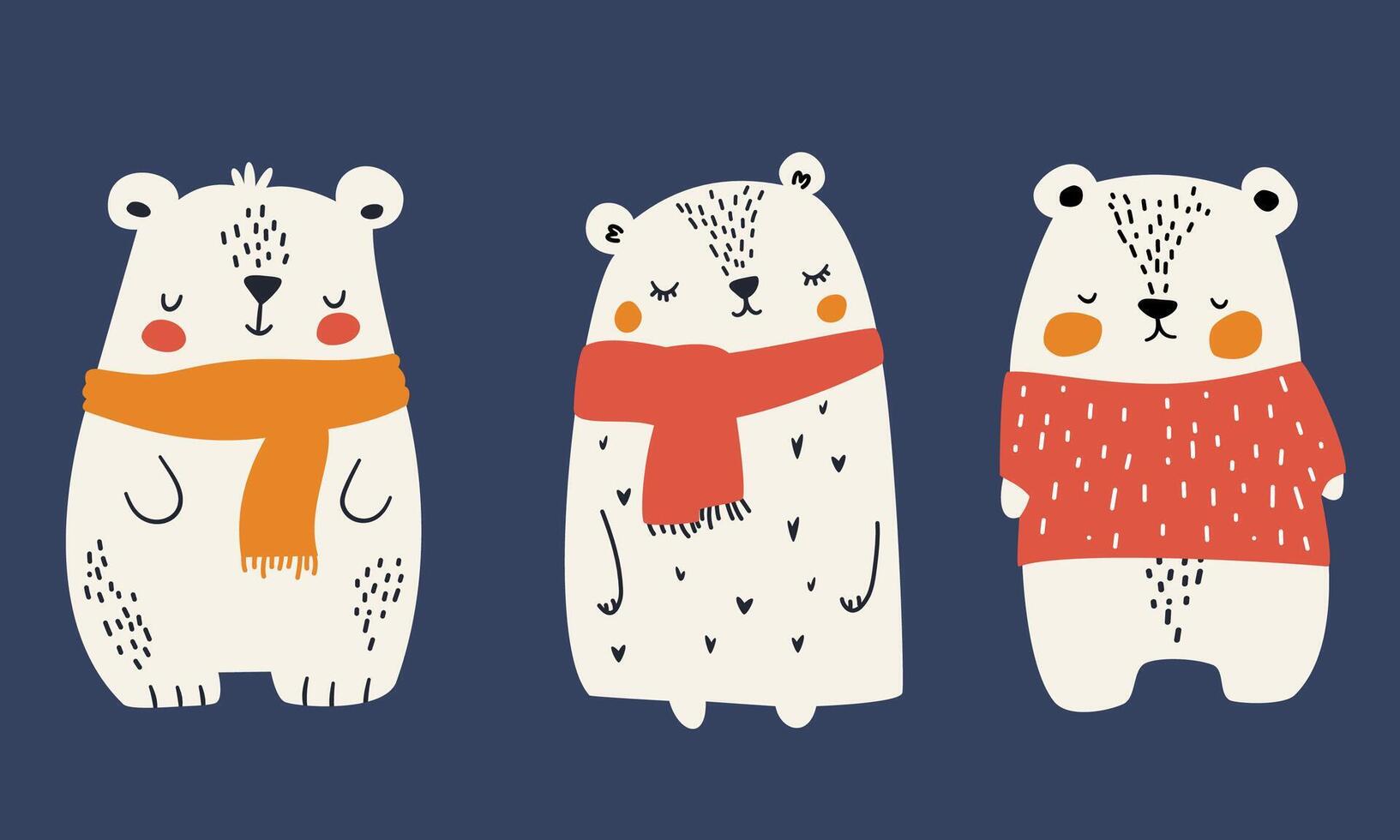 Set of flat illustrations in Scandinavian style. Cute white bears in scarves and sweaters, Christmas illustrations vector