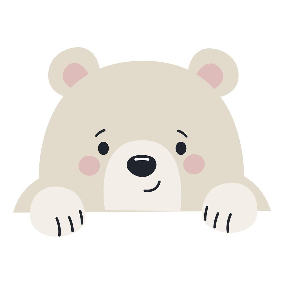 Cute white bear peeking out from behind a banner. Flat illustration on white background vector